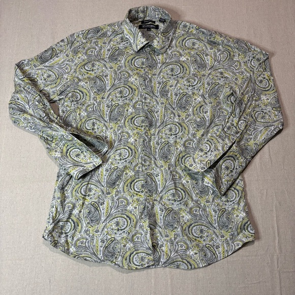 Stacy Adams Shirt Mens Size XL - 17 Gray Yellow Paisley Western Button Down - Picture 1 of 5